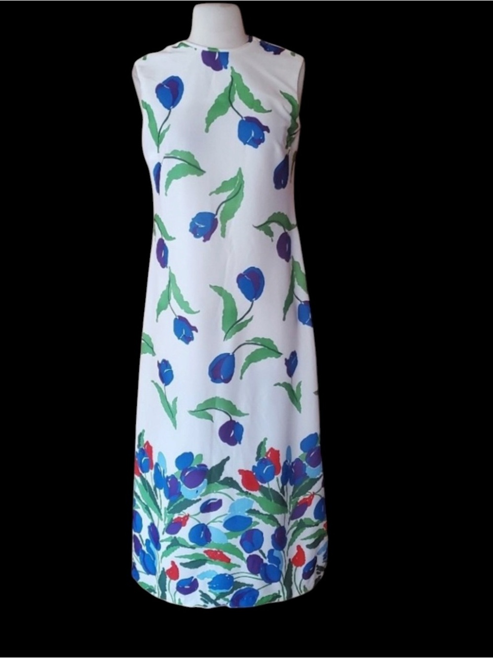 Late 60s/Early 70s Tulip Print Sleeveless Poly Maxi Shift Dress - Picture 1 of 6